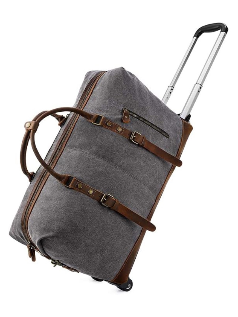 KATTEE Dark Grey Canvas Rolling Luggage Duffel Bag Leather Trim Canvas Travel